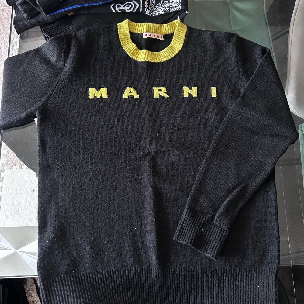 Marni Black Crewneck Sweater with Yellow Logo and Collar